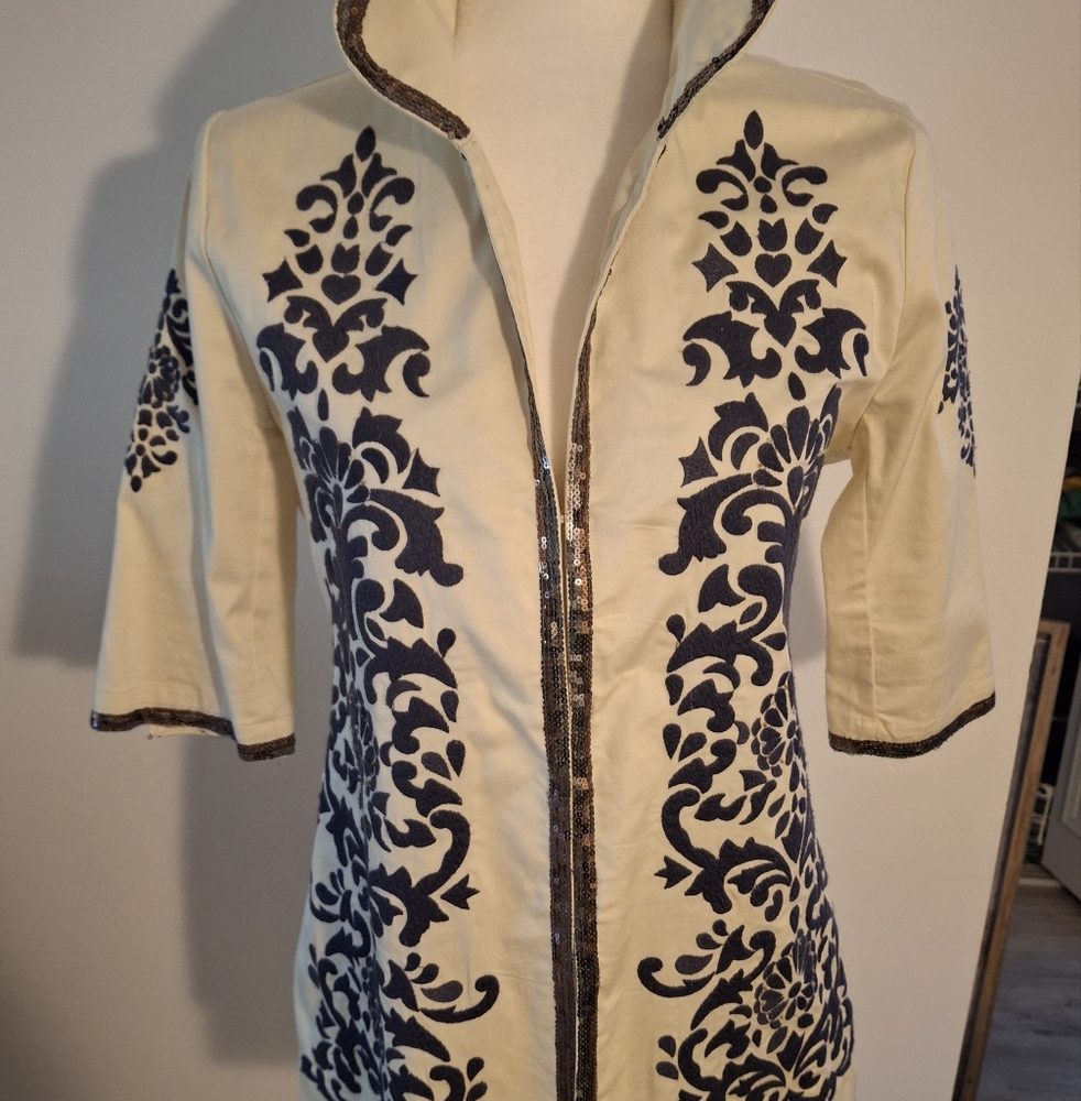 Cream and Navy Embroidered Jacket